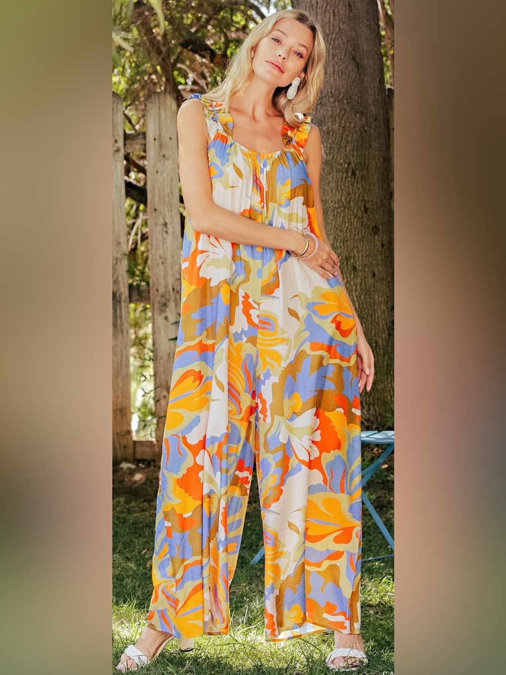 NWOT Kori Ruffled-Strap Wide Leg Jumpsuit in Orange, Blue & Olive